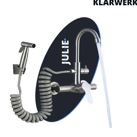 KLARWERK® Julie | Gastronomie Armatur Wandmontage Schwarz | Edelstahl Profi Küchenarmatur mit Handbrause | Mischer Wasserhahn 2 Brausen hoher Auslauf