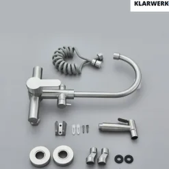 KLARWERK® Julie | Gastronomie Armatur Wandmontage Schwarz | Edelstahl Profi Küchenarmatur mit Handbrause | Mischer Wasserhahn 2 Brausen hoher Auslauf