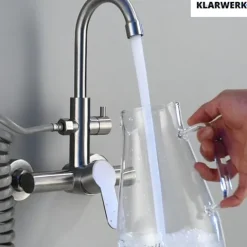 KLARWERK® Julie | Gastronomie Armatur Wandmontage Schwarz | Edelstahl Profi Küchenarmatur mit Handbrause | Mischer Wasserhahn 2 Brausen hoher Auslauf