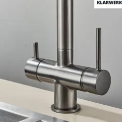 KLARWERK® Lana | Flex 3-Wege Armatur Edelstahl Schwarz Grau |Filter Trinkwasser Wasserhahn Küche | Osmose Sprudel Mischbatterie U-Auslauf 3 Anschlüsse