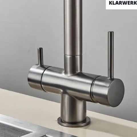 KLARWERK® Lana | Flex 3-Wege Armatur Edelstahl Schwarz Grau |Filter Trinkwasser Wasserhahn Küche | Osmose Sprudel Mischbatterie U-Auslauf 3 Anschlüsse