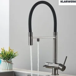 KLARWERK® Lana | Flex 3-Wege Armatur Edelstahl Schwarz Grau |Filter Trinkwasser Wasserhahn Küche | Osmose Sprudel Mischbatterie U-Auslauf 3 Anschlüsse