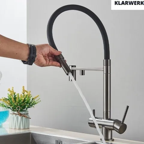 KLARWERK® Lana | Flex 3-Wege Armatur Edelstahl Schwarz Grau |Filter Trinkwasser Wasserhahn Küche | Osmose Sprudel Mischbatterie U-Auslauf 3 Anschlüsse