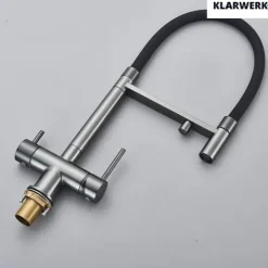 KLARWERK® Lana | Flex 3-Wege Armatur Edelstahl Schwarz Grau |Filter Trinkwasser Wasserhahn Küche | Osmose Sprudel Mischbatterie U-Auslauf 3 Anschlüsse