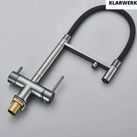 KLARWERK® Lana | Flex 3-Wege Armatur Edelstahl Schwarz Grau |Filter Trinkwasser Wasserhahn Küche | Osmose Sprudel Mischbatterie U-Auslauf 3 Anschlüsse