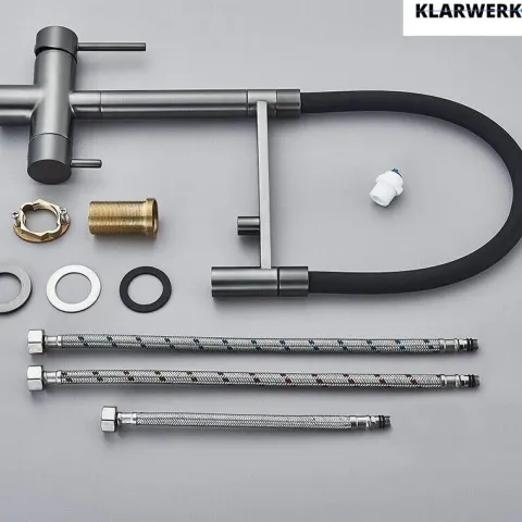 KLARWERK® Lana | Flex 3-Wege Armatur Edelstahl Schwarz Grau |Filter Trinkwasser Wasserhahn Küche | Osmose Sprudel Mischbatterie U-Auslauf 3 Anschlüsse