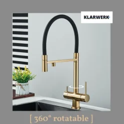 KLARWERK® Lana | Flex 3-Wege Armatur Edelstahl Gold Schwarz |Filter Trinkwasser Wasserhahn Küche | Osmose Sprudel Mischbatterie U-Auslauf 3 Anschlüsse