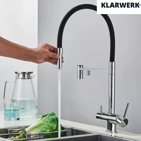 KLARWERK® Lana | Flex 3-Wege Armatur Edelstahl Chrom Schwarz|Filter Trinkwasser Wasserhahn Küche | Osmose Sprudel Mischbatterie U-Auslauf 3 Anschlüsse