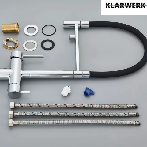 KLARWERK® Lana | Flex 3-Wege Armatur Edelstahl Chrom Schwarz|Filter Trinkwasser Wasserhahn Küche | Osmose Sprudel Mischbatterie U-Auslauf 3 Anschlüsse