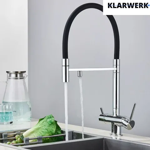 KLARWERK® Lana | Flex 3-Wege Armatur Edelstahl Chrom Schwarz|Filter Trinkwasser Wasserhahn Küche | Osmose Sprudel Mischbatterie U-Auslauf 3 Anschlüsse