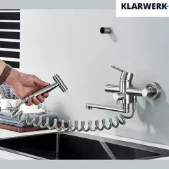 KLARWERK® Max | Gastronomie Armatur Wandmontage Silber| Edelstahl Profi Küchenarmatur mit Handbrause | Mischer Wasserhahn 2 Brausen flacher Auslauf