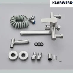 KLARWERK® Max | Gastronomie Armatur Wandmontage Silber| Edelstahl Profi Küchenarmatur mit Handbrause | Mischer Wasserhahn 2 Brausen flacher Auslauf