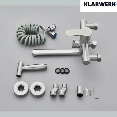 KLARWERK® Max | Gastronomie Armatur Wandmontage Silber| Edelstahl Profi Küchenarmatur mit Handbrause | Mischer Wasserhahn 2 Brausen flacher Auslauf