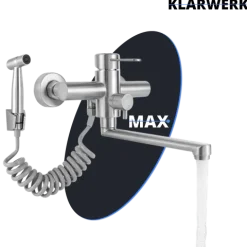 KLARWERK® Max | Gastronomie Armatur Wandmontage Silber| Edelstahl Profi Küchenarmatur mit Handbrause | Mischer Wasserhahn 2 Brausen flacher Auslauf