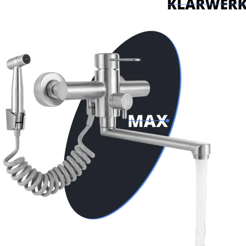 KLARWERK® Max | Gastronomie Armatur Wandmontage Silber| Edelstahl Profi Küchenarmatur mit Handbrause | Mischer Wasserhahn 2 Brausen flacher Auslauf
