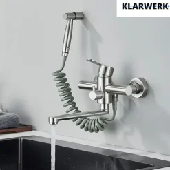 KLARWERK® Max | Gastronomie Armatur Wandmontage Silber| Edelstahl Profi Küchenarmatur mit Handbrause | Mischer Wasserhahn 2 Brausen flacher Auslauf