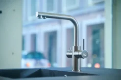 Kurzversion - 5 Wege Wasserhahn Küchenarmatur, Edelstahl Massiv mit 360° schwenkbarem L-Auslauf , Gebürstet