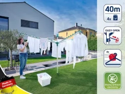 Leifheit Wäschespinne Linomatic V400 mit Leinenautomatik für saubere Leinen, 40m Leinenlänge für 4 Waschmaschinenladungen, mit Easy-Lift-System für leichtes Öffnen, inkl. Bodenhülse und Wäscheklammern