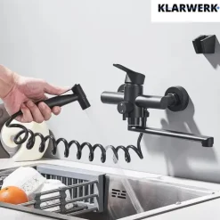 MAX | Gastronomie Mischbatterie Wandmontage Armatur Silber | Profi Küchenarmatur Edelstahl mit Handbrause | Wasserhahn Restaurant Wand flacher Auslauf