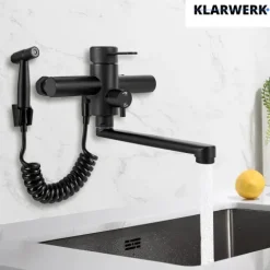 MAX | Gastronomie Mischbatterie Wandmontage Armatur Silber | Profi Küchenarmatur Edelstahl mit Handbrause | Wasserhahn Restaurant Wand flacher Auslauf