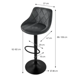 ML-Design Barhocker 4er Set, Bezug aus Samt, Grau, Gepolsterter Barstuhl mit Rückenlehne und Fußstütze, Tresenhocker höhenverstellbar 62-82 cm, 360° drehbar, Bistrohocker Hocker Drehstuhl Barstühle