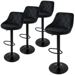 ML-Design Barhocker 4er Set, Bezug aus Samt, Schwarz, Gepolsterter Barstuhl mit Rückenlehne und Fußstütze, Tresenhocker höhenverstellbar 62-82 cm, 360° drehbar, Bistrohocker Hocker Drehstuhl Barstühle