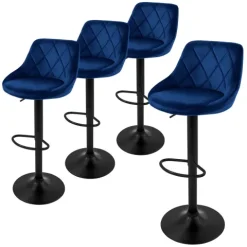 ML-Design Barhocker 4er Set, Bezug aus Samt, Blau, Gepolsterter Barstuhl mit Rückenlehne und Fußstütze, Tresenhocker höhenverstellbar 62-82 cm, 360° drehbar, Bistrohocker Hocker Drehstuhl Barstühle