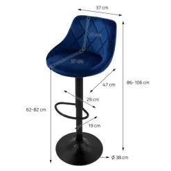 ML-Design Barhocker 4er Set, Bezug aus Samt, Blau, Gepolsterter Barstuhl mit Rückenlehne und Fußstütze, Tresenhocker höhenverstellbar 62-82 cm, 360° drehbar, Bistrohocker Hocker Drehstuhl Barstühle