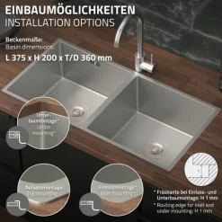 ML-Design Doppelspülbecken Edelstahl 81,5 x 40 cm, Küchenspüle rechteckig, 2 Becken, Einbauspüle Unterbauspüle, Edelstahlspüle mit Ab- und Überlaufgarnitur, Doppelbecken mit Siphon, Waschbecken Küche