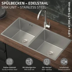 ML-Design Doppelspülbecken Edelstahl 81,5 x 40 cm, Küchenspüle rechteckig, 2 Becken, Einbauspüle Unterbauspüle, Edelstahlspüle mit Ab- und Überlaufgarnitur, Doppelbecken mit Siphon, Waschbecken Küche