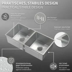 ML-Design Doppelspülbecken Edelstahl 81,5 x 40 cm, Küchenspüle rechteckig, 2 Becken, Einbauspüle Unterbauspüle, Edelstahlspüle mit Ab- und Überlaufgarnitur, Doppelbecken mit Siphon, Waschbecken Küche