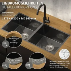 ML-Design Doppelspülbecken Edelstahl 81,5x40 cm Anthrazit, Küchenspüle rechteckig, 2 Becken, Einbauspüle Unterbauspüle, Edelstahlspüle mit Ablaufgarnitur, Doppelbecken mit Siphon, Waschbecken Küche