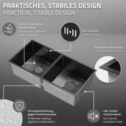 ML-Design Doppelspülbecken Edelstahl 81,5x40 cm Anthrazit, Küchenspüle rechteckig, 2 Becken, Einbauspüle Unterbauspüle, Edelstahlspüle mit Ablaufgarnitur, Doppelbecken mit Siphon, Waschbecken Küche