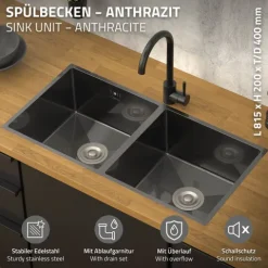 ML-Design Doppelspülbecken Edelstahl 81,5x40 cm Anthrazit, Küchenspüle rechteckig, 2 Becken, Einbauspüle Unterbauspüle, Edelstahlspüle mit Ablaufgarnitur, Doppelbecken mit Siphon, Waschbecken Küche