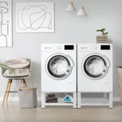 ML-Design Doppel Waschmaschinen Untergestell mit 2 Ablagen, Weiß, 128x54 cm, Stahl, 2x 150kg, Stabiler Waschmaschinensockel 2-Fach, 32cm hohes Podest, Erhöhung Unterbau Doppeluntergestell Doppelpodest