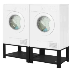 ML-Design Doppel Waschmaschinen Untergestell mit 2 Ablagen, Schwarz 128x54cm Stahl, 2x 150kg, Stabiler Waschmaschinensockel 2-Fach, 32cm hohes Podest, Erhöhung Unterbau Doppeluntergestell Doppelpodest