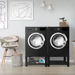 ML-Design Doppel Waschmaschinen Untergestell mit 2 Ablagen, Schwarz 128x54cm Stahl, 2x 150kg, Stabiler Waschmaschinensockel 2-Fach, 32cm hohes Podest, Erhöhung Unterbau Doppeluntergestell Doppelpodest