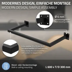 ML-Design 2er Set Kleiderstange Rechteck für die Wand, T30cm x B60cm, Schwarz, aus Stahl, Garderobenstange U-Form, Kleiderständer Wandmontage, Kleidergestell Garderobenhalter, inkl. Montagematerial