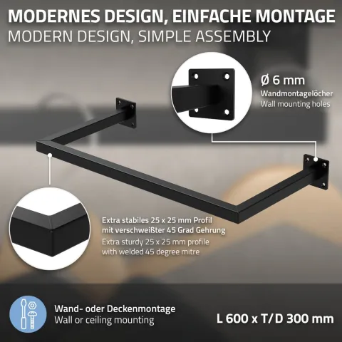 ML-Design 2er Set Kleiderstange Rechteck für die Wand, T30cm x B60cm, Schwarz, aus Stahl, Garderobenstange U-Form, Kleiderständer Wandmontage, Kleidergestell Garderobenhalter, inkl. Montagematerial