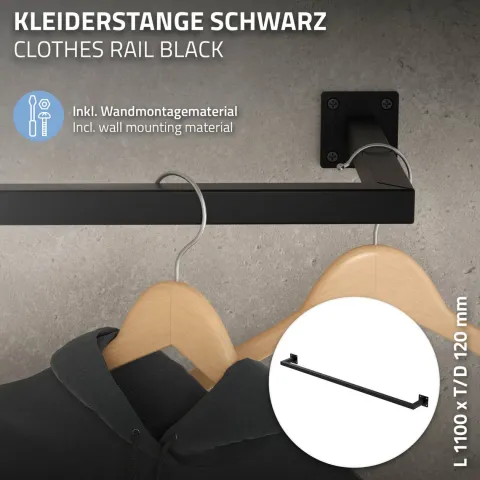 ML-Design 3er Set Kleiderstange Rechteck für die Wand, T12cm x B110cm, Schwarz, aus Stahl, Garderobenstange U-Form, Kleiderständer Wandmontage, Kleidergestell Garderobenhalter, inkl. Montagematerial