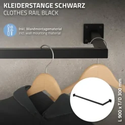 ML-Design 3er Set Kleiderstange Übereck für die Wand, T30cm x B90cm, Schwarz, aus Stahl, Garderobenstange L-Form, Kleiderständer Wandmontage, Kleidergestell Garderobenhalter, inkl. Montagematerial
