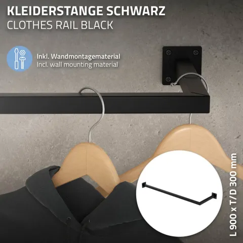 ML-Design 3er Set Kleiderstange Übereck für die Wand, T30cm x B90cm, Schwarz, aus Stahl, Garderobenstange L-Form, Kleiderständer Wandmontage, Kleidergestell Garderobenhalter, inkl. Montagematerial
