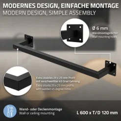 ML-Design 2er Set Kleiderstange Rechteck für die Wand, T12cm x B60cm, Schwarz, aus Stahl, Garderobenstange U-Form, Kleiderständer Wandmontage, Kleidergestell Garderobenhalter, inkl. Montagematerial
