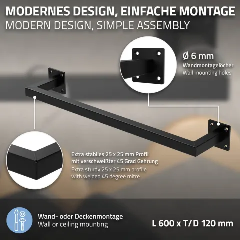 ML-Design 2er Set Kleiderstange Rechteck für die Wand, T12cm x B60cm, Schwarz, aus Stahl, Garderobenstange U-Form, Kleiderständer Wandmontage, Kleidergestell Garderobenhalter, inkl. Montagematerial