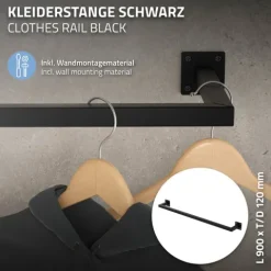 ML-Design 2er Set Kleiderstange Rechteck für die Wand, T12cm x B90cm, Schwarz, aus Stahl, Garderobenstange U-Form, Kleiderständer Wandmontage, Kleidergestell Garderobenhalter, inkl. Montagematerial