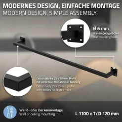 ML-Design 2er Set Kleiderstange Rechteck für die Wand, T12cm x B110cm, Schwarz, aus Stahl, Garderobenstange U-Form, Kleiderständer Wandmontage, Kleidergestell Garderobenhalter, inkl. Montagematerial