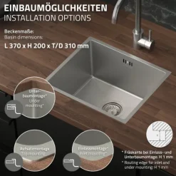 ML-Design Spülbecken Edelstahl 34x40 cm, Küchenspüle Rechteckig, 1 Becken klein Einbauspüle Unterbauspüle, Edelstahlspüle mit Ab- und Überlaufgarnitur, Einzelbecken mit Siphon, Waschbecken Küche Spüle