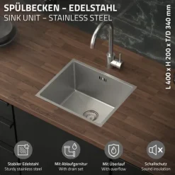 ML-Design Spülbecken Edelstahl 34x40 cm, Küchenspüle Rechteckig, 1 Becken klein Einbauspüle Unterbauspüle, Edelstahlspüle mit Ab- und Überlaufgarnitur, Einzelbecken mit Siphon, Waschbecken Küche Spüle