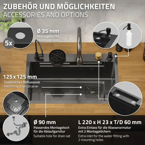 ML-Design Spülbecken Edelstahl 68x46 cm Anthrazit, Multifunktionale Küchenspüle rechteckig, Wasserfall Edelstahlspüle, Einbauspüle mit ausziehbarem Wasserhahn und anderem Zubehör, 1 Becken Waschbecken