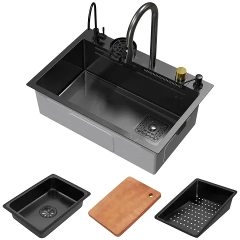 ML-Design Spülbecken Edelstahl 68x46 cm Anthrazit, Multifunktionale Küchenspüle rechteckig, Wasserfall Edelstahlspüle, Einbauspüle mit ausziehbarem Wasserhahn und anderem Zubehör, 1 Becken Waschbecken